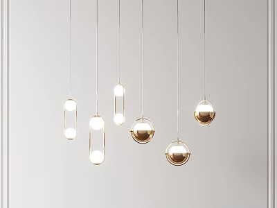 Modern Luxury Kitchen With Stylish Gold Spherical Hanging Pendant Lights 3d model