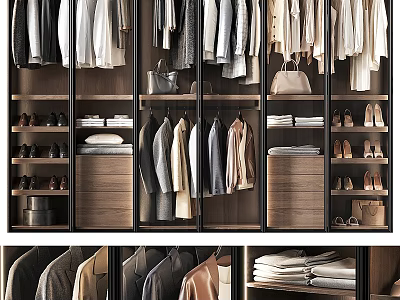 Organized Modern Walk in Closet With Hanging Clothing Shoes Handbags And Folded Clothes 3d model