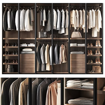 Organized Modern Walk in Closet With Hanging Clothing Shoes Handbags And Folded Clothes 3d model