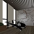 Bright Fitness Gym Interior With Treadmills Exercise Bike Large Windows Wooden Floor And Striped Ceiling