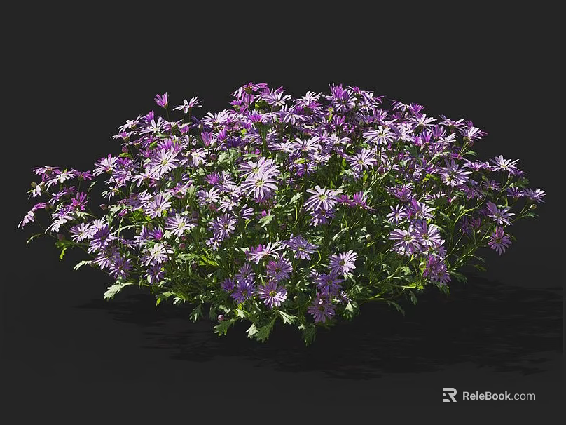 Vibrant Purple Flowers in a Lush Green Bush with Fresh Petals 3d model 