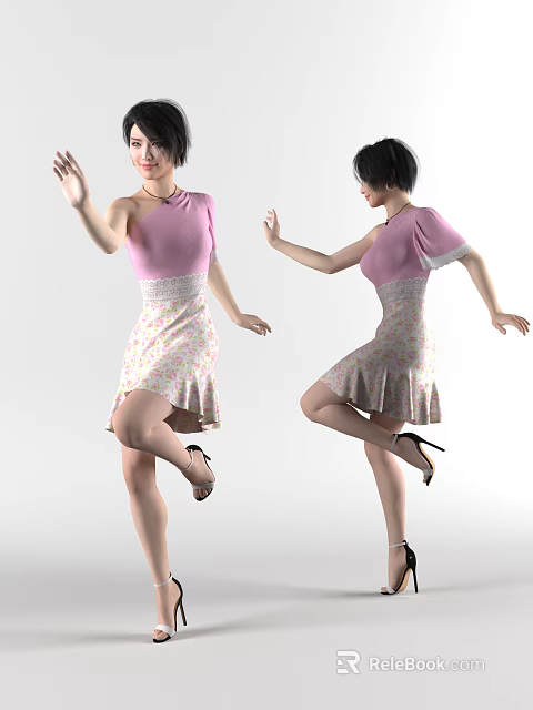 Two Women Dancing Gracefully in Pink Top and Floral Skirt with High Heels 3d model 
