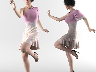 Two Women Dancing Gracefully in Pink Top and Floral Skirt with High Heels 3d model