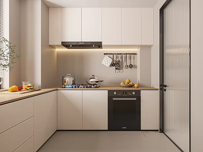 Modern Kitchen Interior Design With White Cabinets Black Range Hood Oven And Fruits On Countertop 3d model
