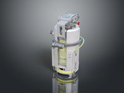 Silver Metallic Device With Yellow Indicator Lights And Green Cable On Black Reflective Surface 3d model