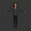 Game Movie Character Curly Long Hair Black Jacket Pants Boots Arms Outstretched Gray Background