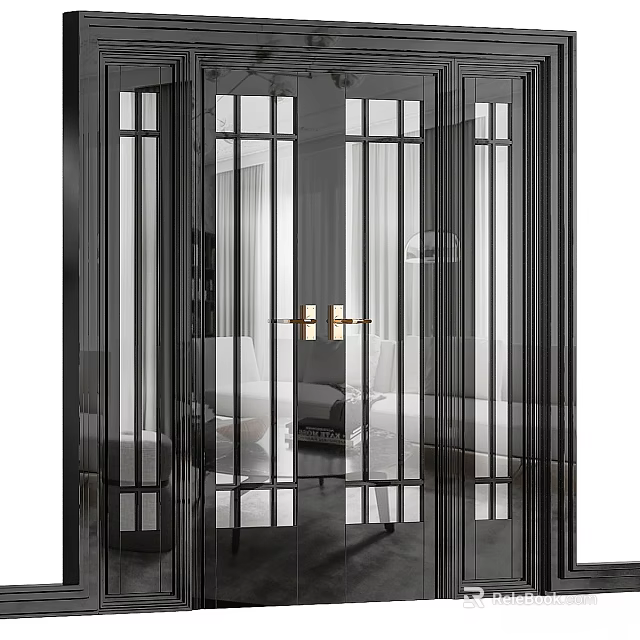 Modern Glass Swing Door With Black Frame And Golden Handle In Interior Space 3d model 