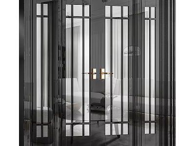 Modern Glass Swing Door With Black Frame And Golden Handle In Interior Space 3d model