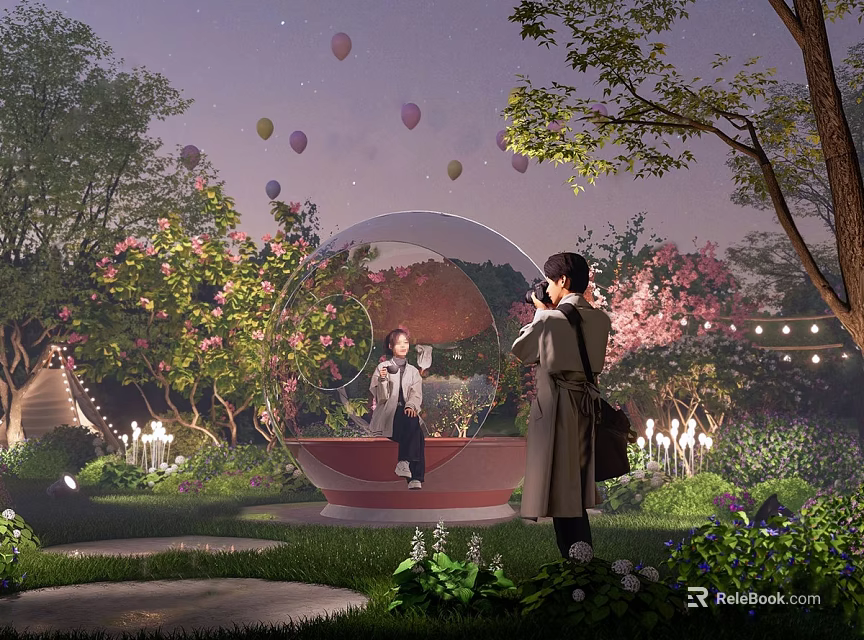 Park Landscape with Starry Sky Hot Air Balloons Pink Blossoms Transparent Spherical Structure String Lights 3d model 