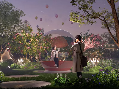 Park Landscape with Starry Sky Hot Air Balloons Pink Blossoms Transparent Spherical Structure String Lights 3d model