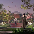 Park Landscape with Starry Sky Hot Air Balloons Pink Blossoms Transparent Spherical Structure String Lights