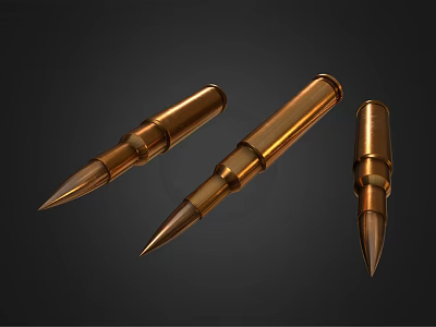 Three Shiny Brass Bullets With Sharp Tips On Dark Background 3d model