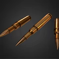 Three Shiny Brass Bullets With Sharp Tips On Dark Background
