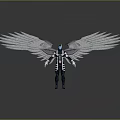 Futuristic Character In Black White Suit With Large Mechanical Wings And Glowing Blue Accents