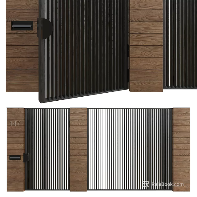 Modern Gate Designs Featuring Wooden Panels And Metal Slat Elements 3d model 