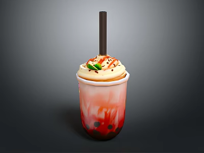 Bubble Milk Tea With Whipped Cream Red Drizzle Mint Leaf Black Straw And Tapioca Pearls 3d model