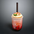 Bubble Milk Tea With Whipped Cream Red Drizzle Mint Leaf Black Straw And Tapioca Pearls