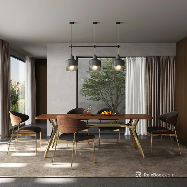 Modern Restaurant Interior With Long Wooden Table Elegant Chairs Three Pendant Lights And Tree Artwork 3d model 