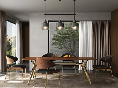 Modern Restaurant Interior With Long Wooden Table Elegant Chairs Three Pendant Lights And Tree Artwork 3d model