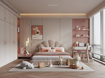 Cozy Kids Room With Pink Walls White Furniture Bed Stuffed Toys Desk Bookshelf And Rug 3d model