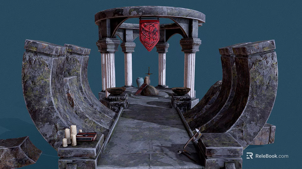 Ancient Stone Temple Entrance With Columns Red Banner Stone Path And Candles 3d model 