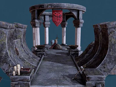Ancient Stone Temple Entrance With Columns Red Banner Stone Path And Candles 3d model