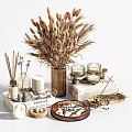 Decorative Ornament Set With Dried Wheat Bouquet Reed Diffuser Bottles Candles Clock And Books