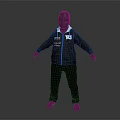 3D Fashion Model Wearing Black Hoodie Black Pants With White Text Logo Against Gray Background