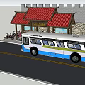 Chinese Style Bus Station With Red Roof Bus Red Car And Bicycles Nearby