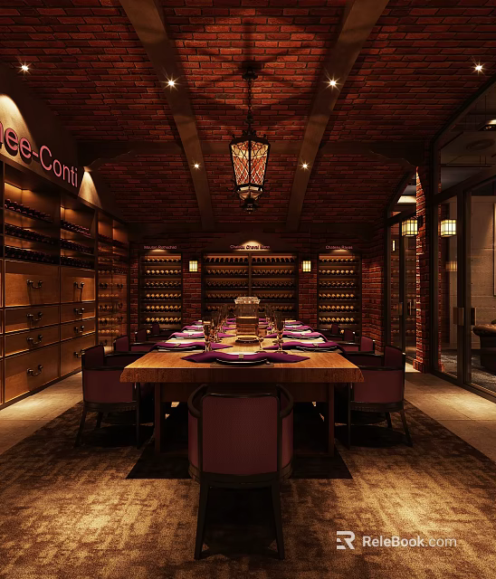 Luxurious Wine Cellar Interior Design With Wooden Dining Table Purple Chairs And Wine Racks 3d model 
