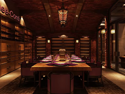 Luxurious Wine Cellar Interior Design With Wooden Dining Table Purple Chairs And Wine Racks 3d model
