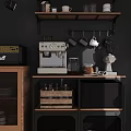 Modern Kitchen Interior Featuring Coffee Machine Shelves Mugs Grinder And Wooden Black Elements 3d model