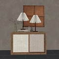Pleated Table Lamps With Wooden Bases On Cabinet Featuring Vogue Books Decor And Leather Wall