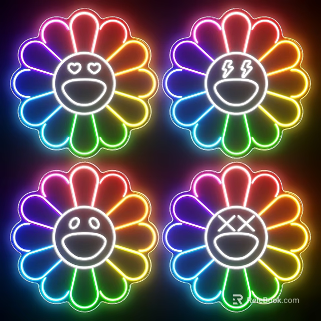 Colorful Neon Flower Shaped Decorative Lights with Various Emoji Facial Expressions 3d model 