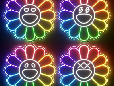 Colorful Neon Flower Shaped Decorative Lights with Various Emoji Facial Expressions 3d model