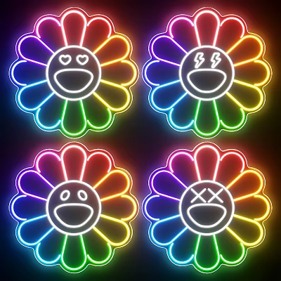 Colorful Neon Flower Shaped Decorative Lights with Various Emoji Facial Expressions 3d model