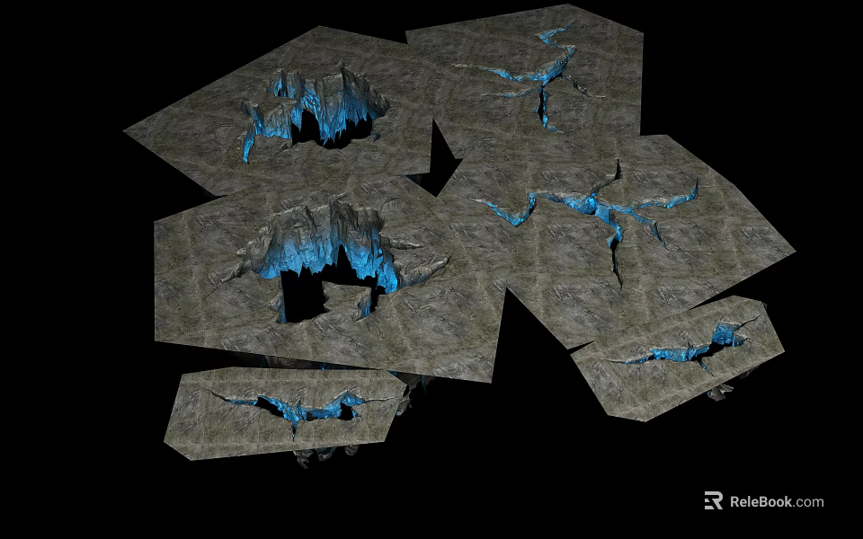 Cartoon Cave Scene Featuring Irregular Gray Rock Plates With Blue Glowing Cracks On Black Background 3d model 