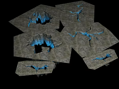 Cartoon Cave Scene Featuring Irregular Gray Rock Plates With Blue Glowing Cracks On Black Background 3d model