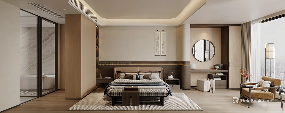 Modern Minimalist Bedroom Interior With Wooden Bed Nightstands Wall Art And Round Mirror 3d model 