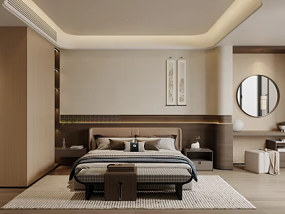 Modern Minimalist Bedroom Interior With Wooden Bed Nightstands Wall Art And Round Mirror 3d model