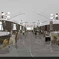 Banquet Hall Interior With Chandeliers Round Tables White Tablecloths And White Chairs With Yellow Bows