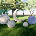 Outdoor Decorative Lights Featuring Crescent Moon Spherical Shapes With Stars Among Trees And Grass