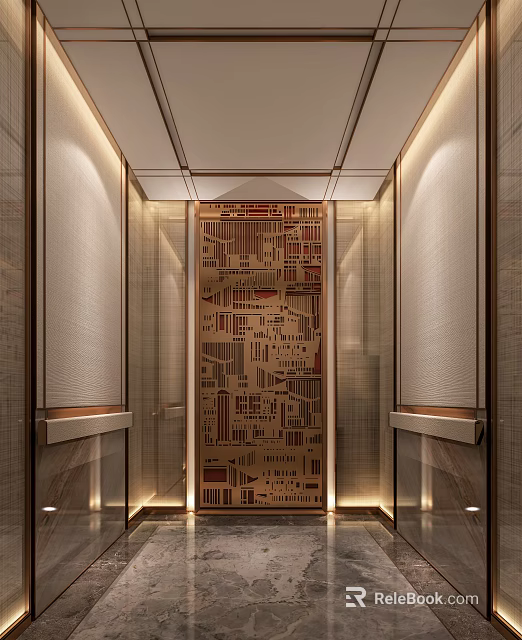 Luxury Modern Elevator Interior With Geometric Decorative Panel And Warm Lighting 3d model
