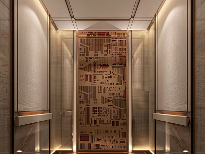 Luxury Modern Elevator Interior With Geometric Decorative Panel And Warm Lighting 3d model