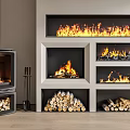 Modern Interior Featuring Multiple Fireplaces With Burning Flames And Stacked Firewood Logs 3d model