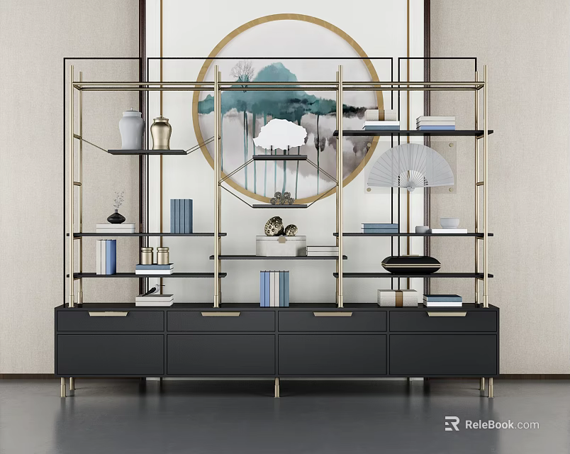 Elegant Modern Display Shelf Unit With Black Gold Frame Decorative Books And Artworks 3d model 