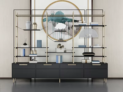 Elegant Modern Display Shelf Unit With Black Gold Frame Decorative Books And Artworks 3d model