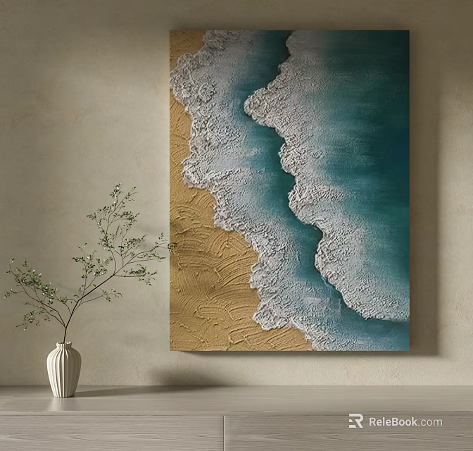Textured Ocean Wave And Sandy Beach Decorative Painting With White Vase On Wall 3d model 
