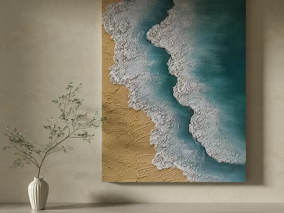 Textured Ocean Wave And Sandy Beach Decorative Painting With White Vase On Wall 3d model