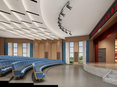 School’s Modern Auditorium With Blue Seats And Stage 3d model